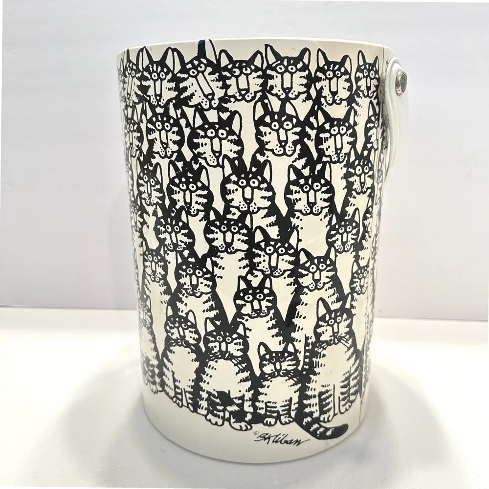 Vintage B Kliban Cat Crowd Ice Bucket White Black Retro Barware Insulated Lid